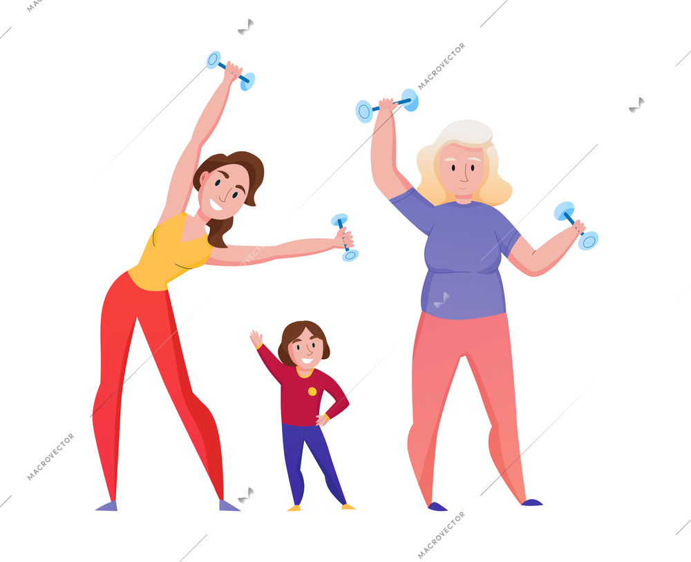 Women generation with three female family characters doing sports together flat vector illustration