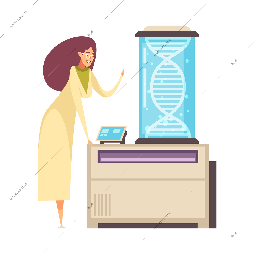 Cartoon science laboratory scene with female scientist studying dna vector illustration