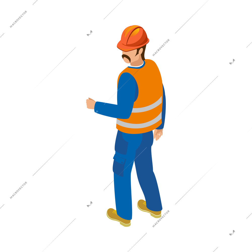 Isometric male builder with moustache wearing uniform back view 3d vector illustration