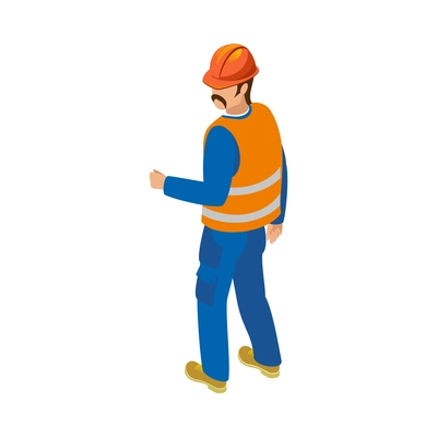 Isometric male builder with moustache wearing uniform back view 3d vector illustration