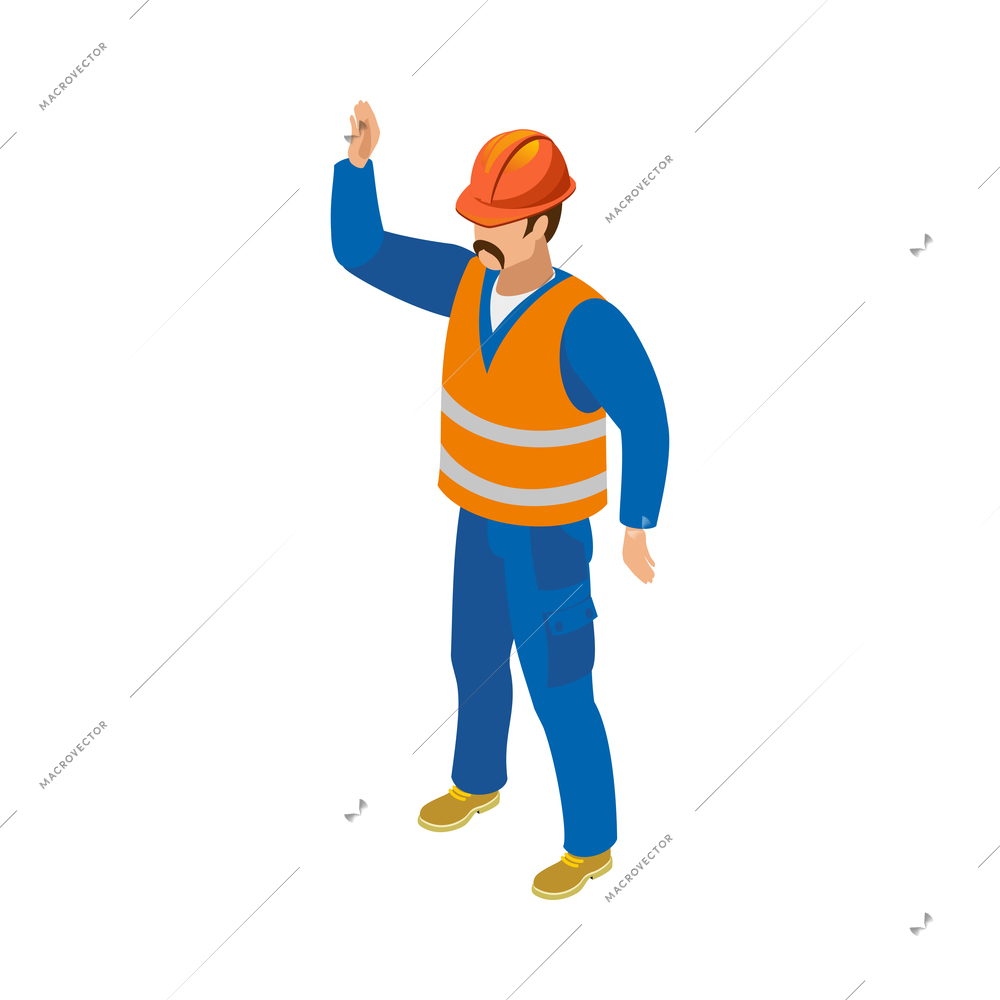 Isometric character of builder or worker with moustache wearing uniform and helmet 3d vector illustration