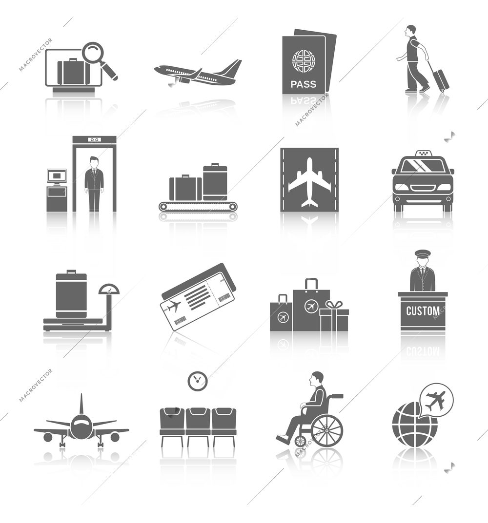 Airport flight terminal passenger security icons black set isolated vector illustration