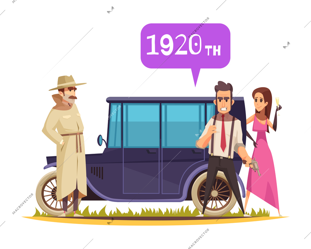 Cartoon ground transportation composition with old car and human characters flat vector illustration
