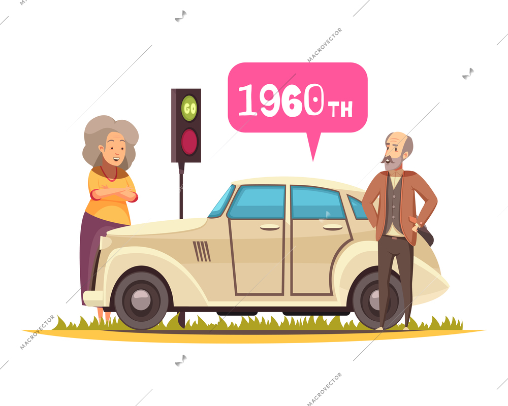 Cartoon ground transportation composition with elderly couple and old car flat vector illustration