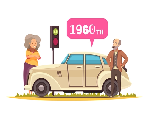 Cartoon ground transportation composition with elderly couple and old car flat vector illustration