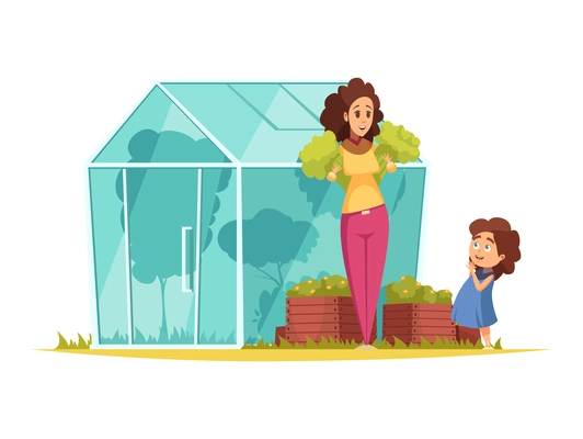 Gardening cartoon composition with happy mum and kid near greenhouse vector illustration