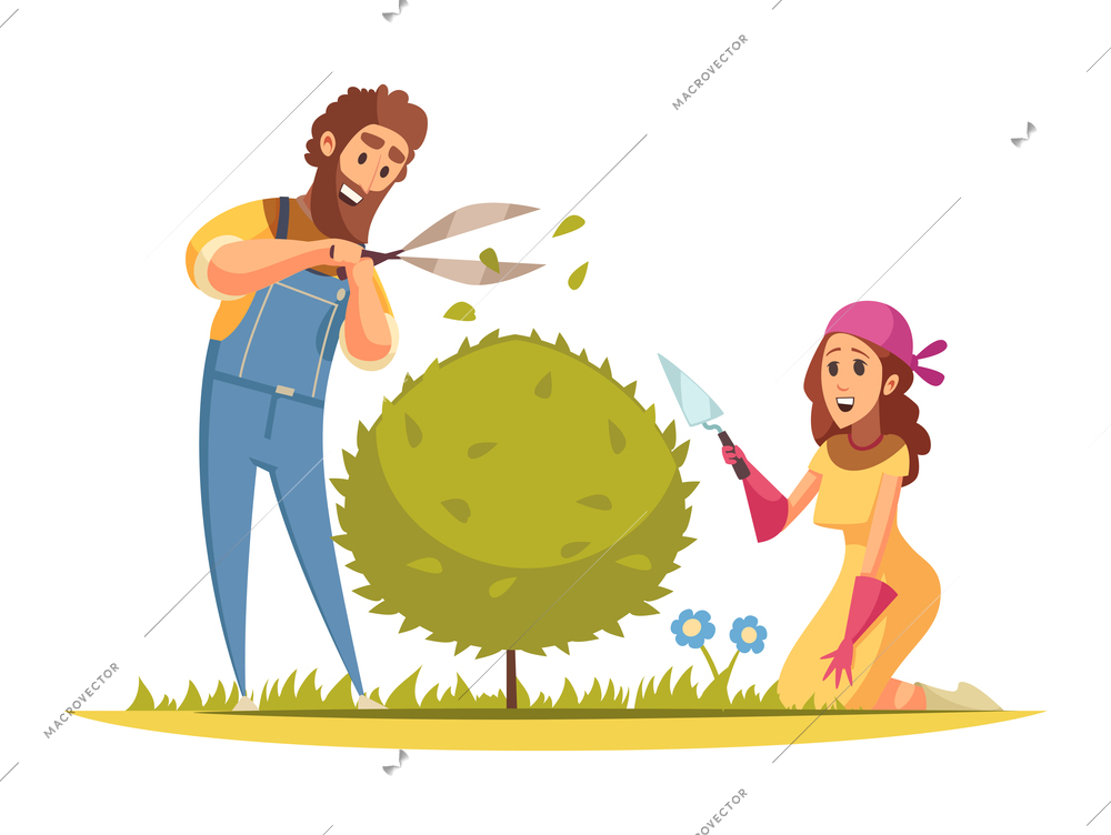 Happy people doing gardening trimming green bush cartoon vector illustration