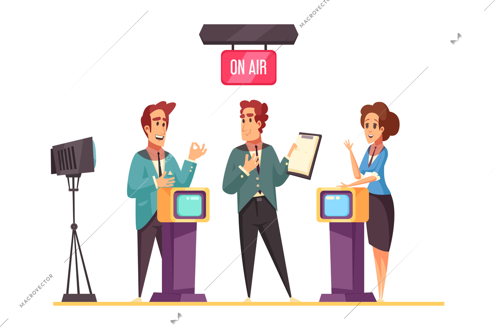 Television show live streaming cartoon composition with three people in studio flat vector illustration