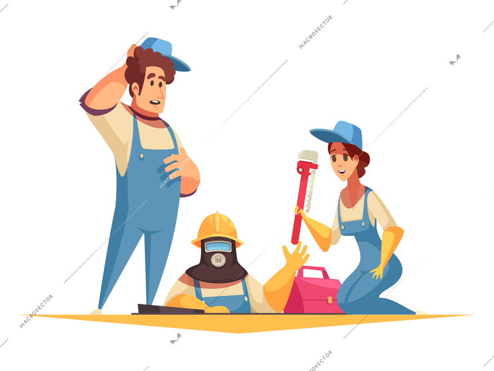 Cartoon group of plumbers repairing sewage system in sewer hatch vector illustration