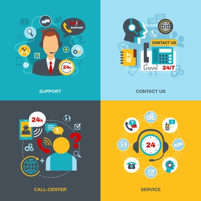 24h support telecommunication call center worldwide contact us information service flat icons composition abstract isolated vector illustration