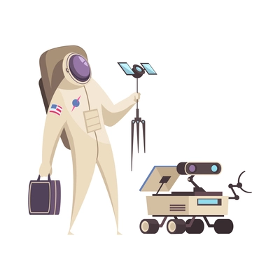 Futuristic space exploration with astronaut and robotic rover cartoon vector illustration