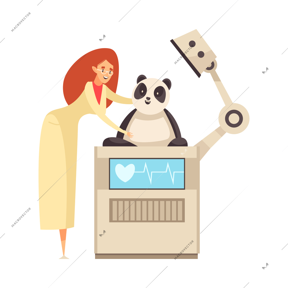 Modern science laboratory with innovative equipment for examination and treatment of animals with cute panda and female scientist cartoon vector illustration