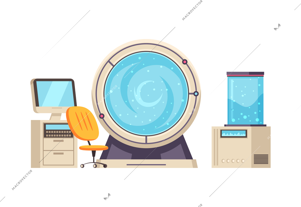 Cartoon innovative science and technology laboratory interior with computer and modern equipment vector illustration