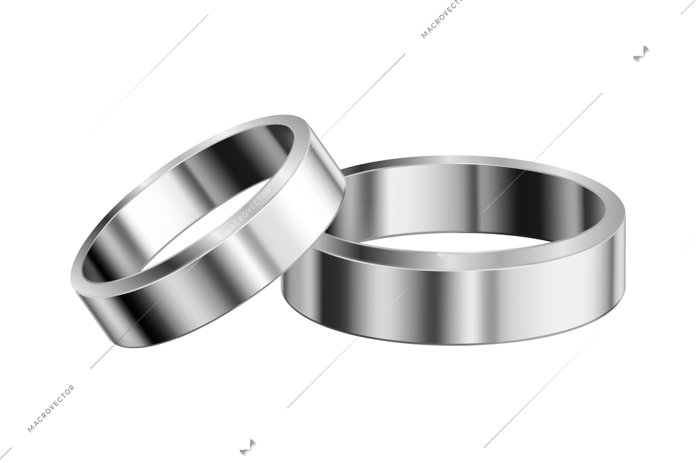 Pair of shiny white gold or platinum wedding rings realistic vector illustration