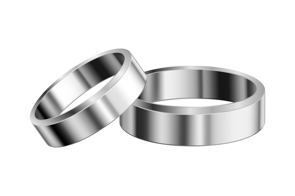 Pair of shiny white gold or platinum wedding rings realistic vector illustration