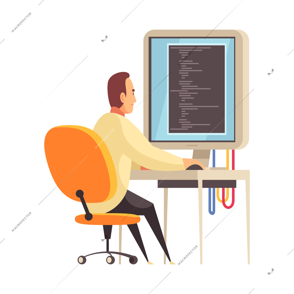 Male scientist working on computer in science laboratory cartoon vector illustration