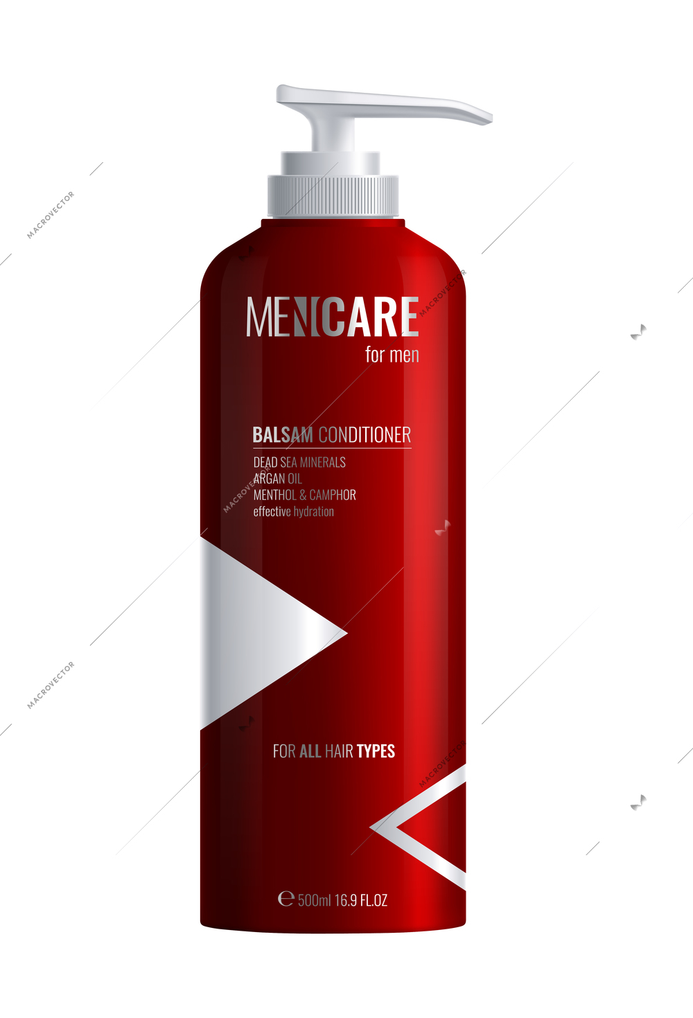 Realistic red cosmetic bottle with dispenser mockup with men hair conditioner vector illustration