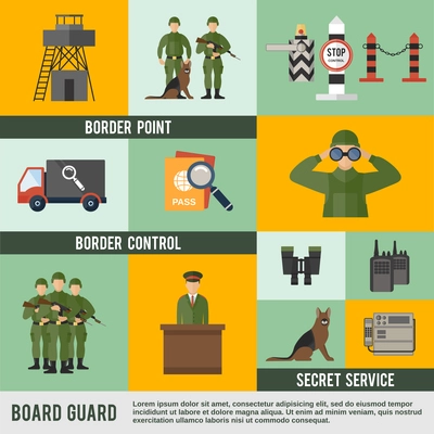 Border guard icon flat set with secret service control point isolated vector illustration