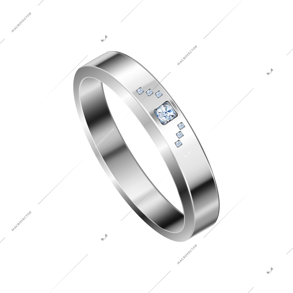 Shiny white gold or platina diamond ring on blank background realistic vector illustration