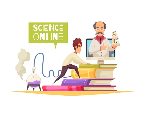 Online science courses composition with books cartoon characters laboratory equipment vector illustration