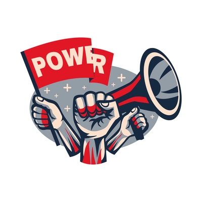 Revolution political slogan concept with human hands holding flag and loudspeaker flat vector illustration