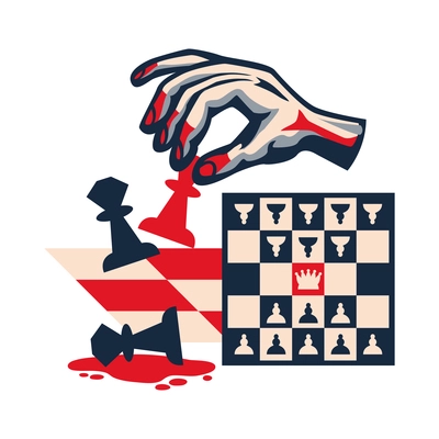 Revolution political flat concept with chess board and human hand in blood vector illustration