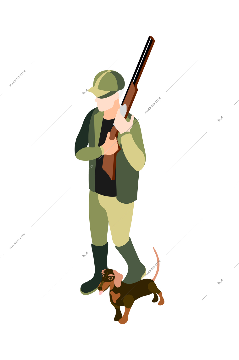 Isometric man with gun hunting with his dog 3d vector illustration