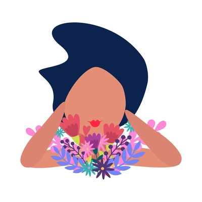 Flat dark haired girl with bunch of spring flowers vector illustration