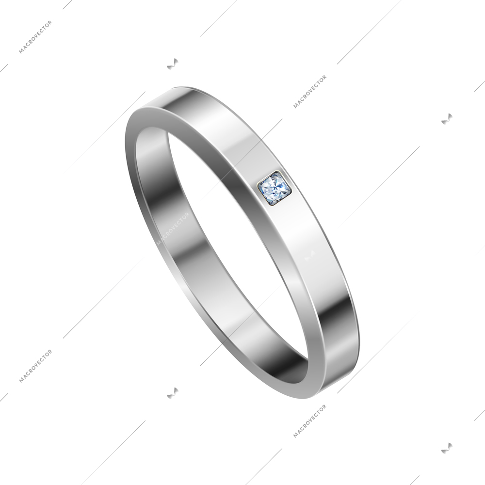 Elegant shiny white gold ring with diamond realistic vector illustration