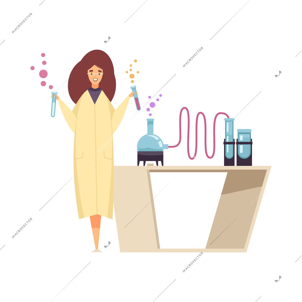 Smiling female scientist performing experiments in scientific laboratory cartoon vector illustration
