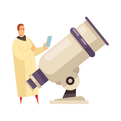 Cartoon scientist and large telescope in space observatory vector illustration