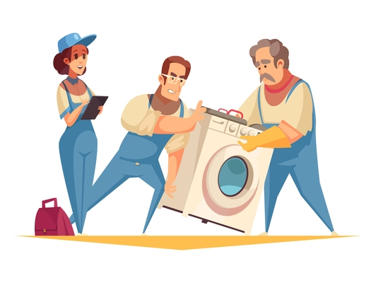 Plumber work flat cartoon composition with servicemen installing washing machine vector illustration