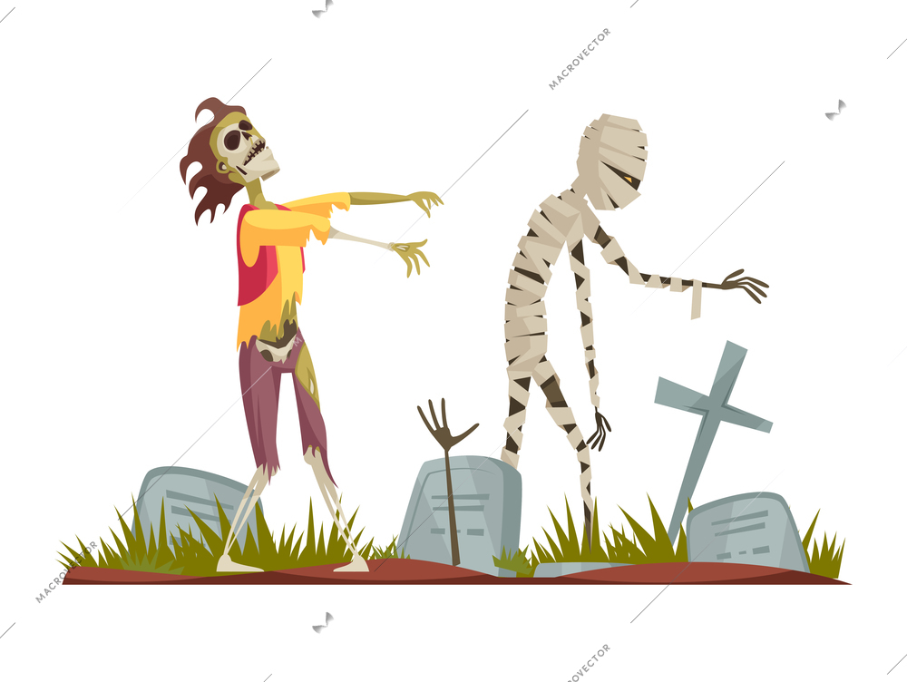 Evil character cartoon concept with zombie and mummy walking along cemetery vector illustration