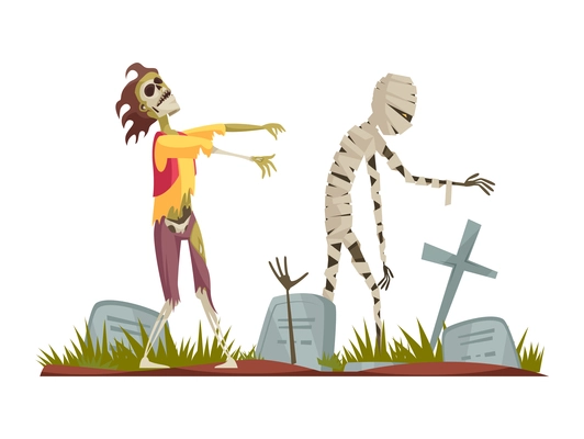 Evil character cartoon concept with zombie and mummy walking along cemetery vector illustration