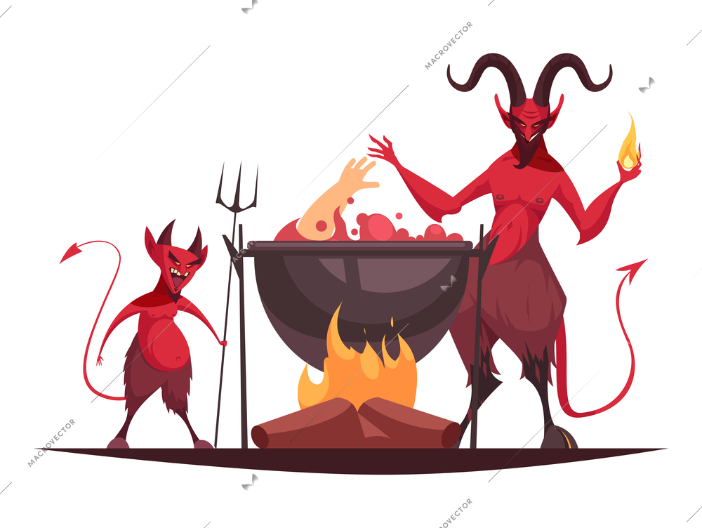 Evil character cartoon concept with two devils in hell human hand in cauldron vector illustration