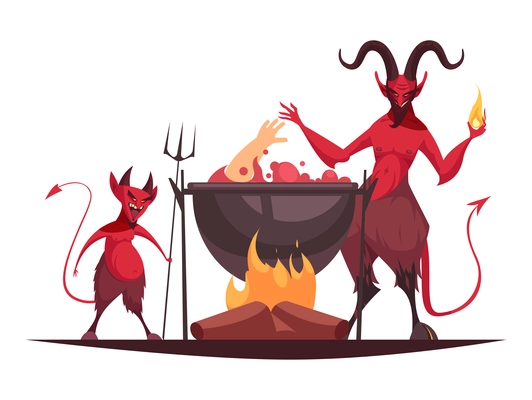 Evil character cartoon concept with two devils in hell human hand in cauldron vector illustration