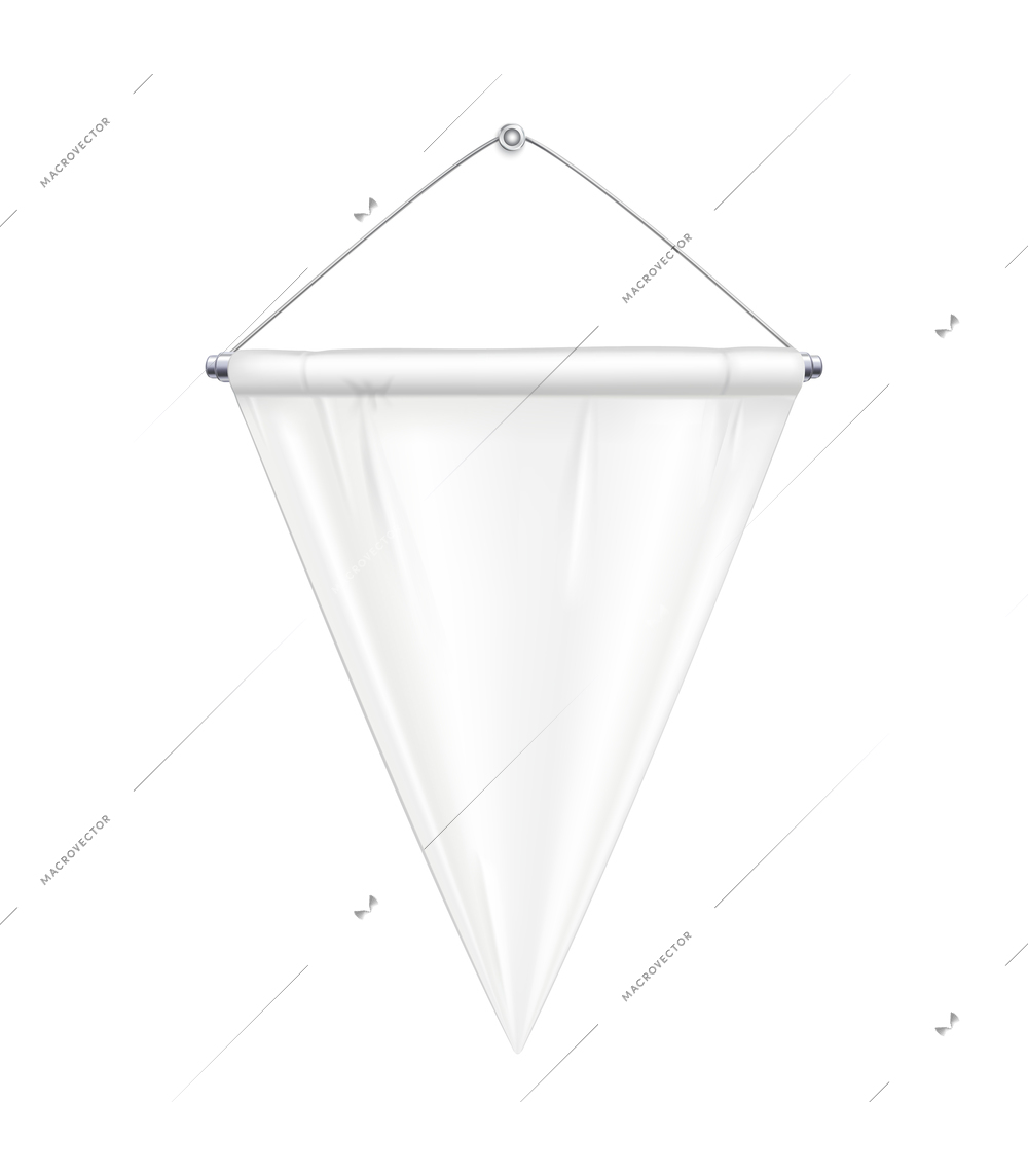 Realistic white triangle shaped pennant on steel hanger vector illustration