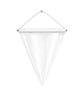 Realistic white triangle shaped pennant on steel hanger vector illustration