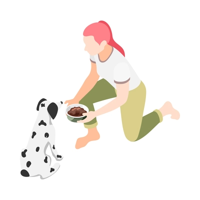 Woman giving her dog bowl with food 3d isometric vector illustration