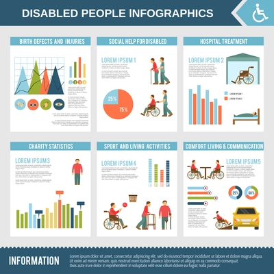 Disabled infographics set with social help hospital treatment and charts vector illustration