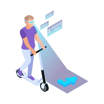 Isometric man using virtual reality glasses and riding scooter 3d vector illustration