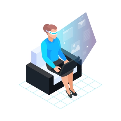 Woman wearing virtual reality glasses and using laptop 3d isometric vector illustration