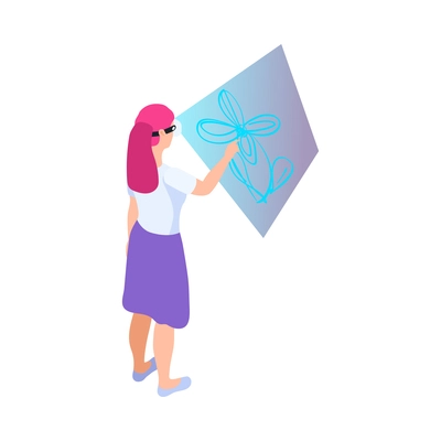 Augmented reality technology icon with woman in vr glasses drawing on virtual screen 3d vector illustration