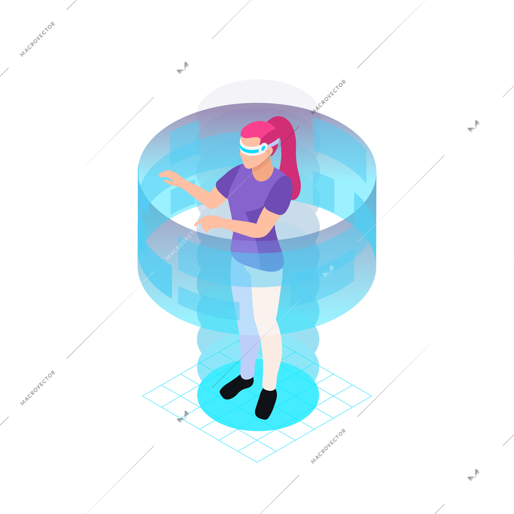 Isometric female character with vr headset touching virtual reality interface 3d vector illustration