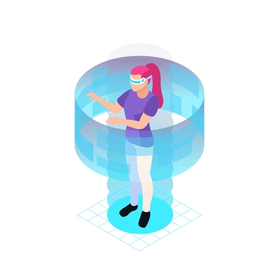 Isometric female character with vr headset touching virtual reality interface 3d vector illustration