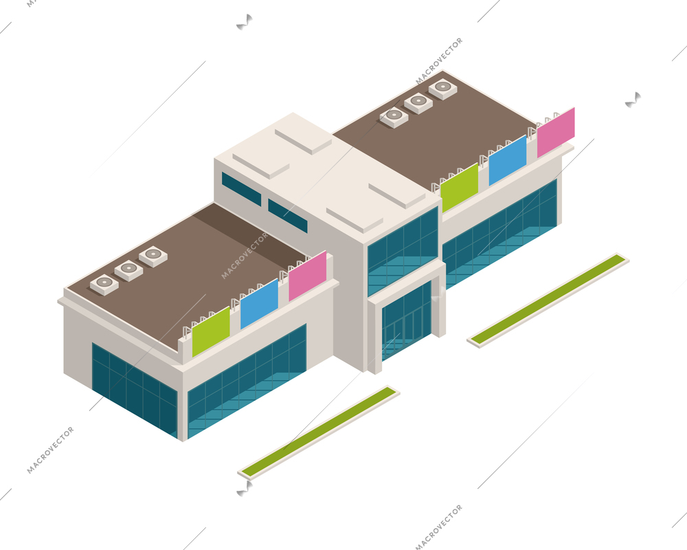 Isometric store mall shopping centre building exterior 3d vector illustration