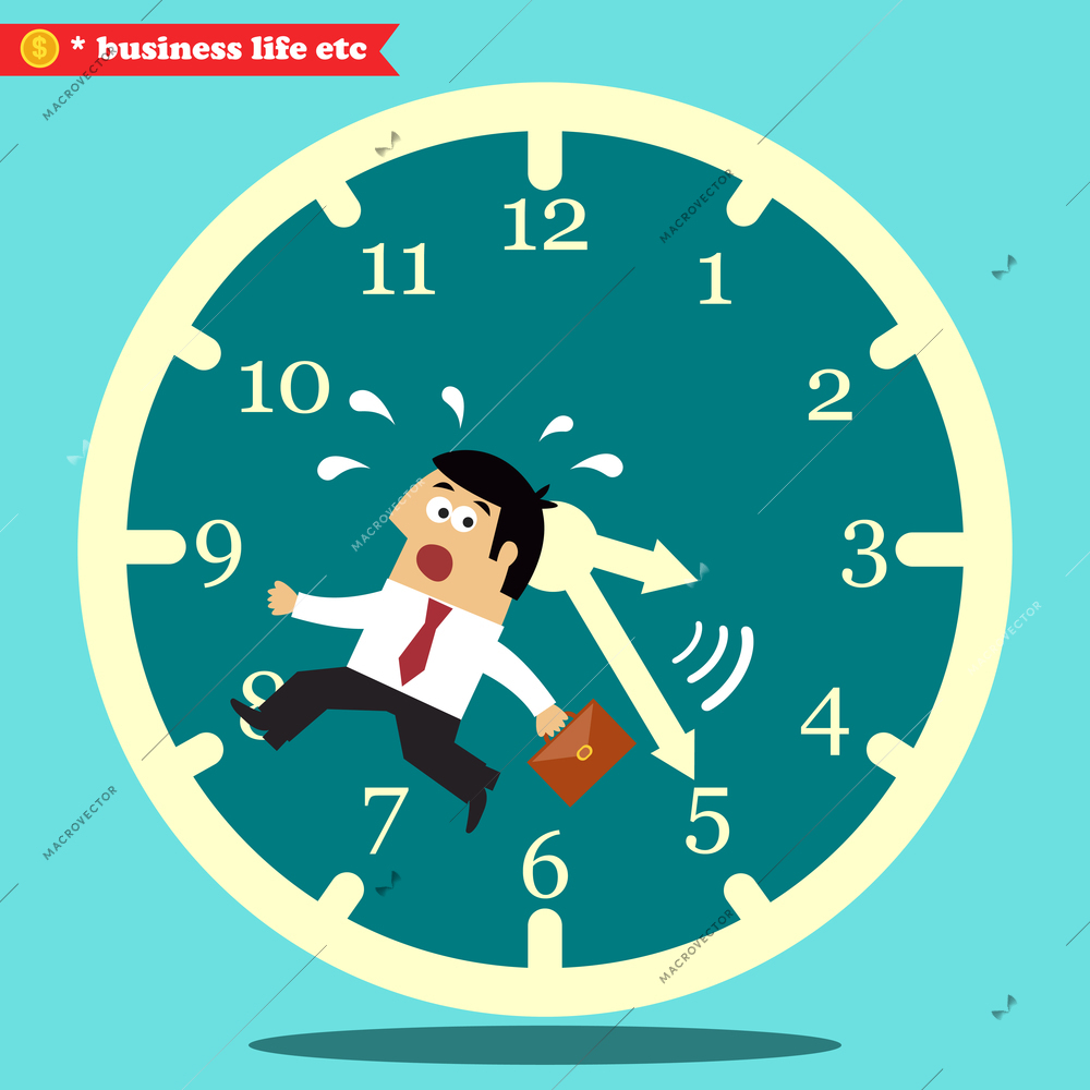 Business life. Worried executive running against the time vector illustration