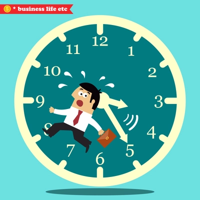 Business life. Worried executive running against the time vector illustration