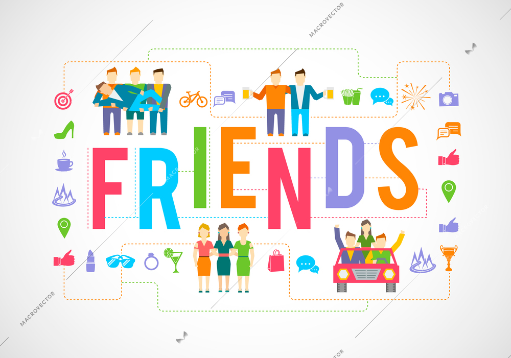 Friends and social community relationship icons flat set isolated vector illustration