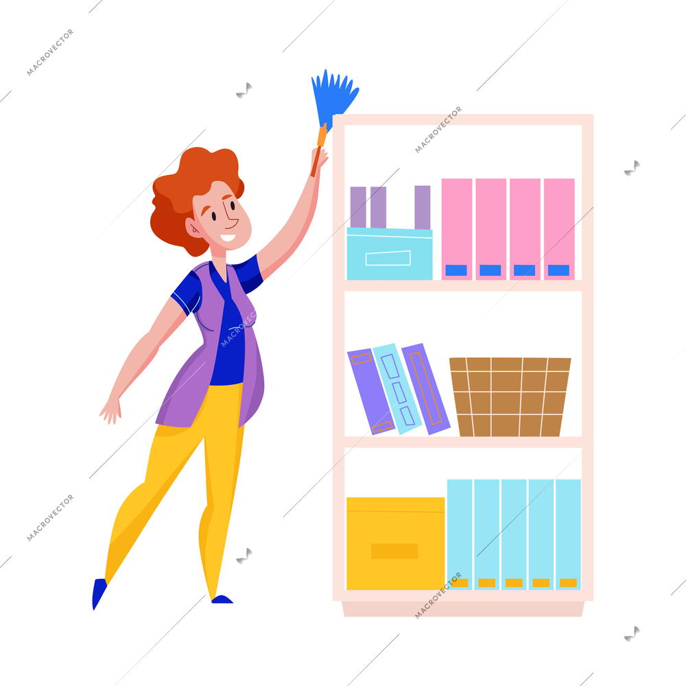 Female cleaning service worker dusting bookcase flat vector illustration